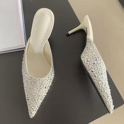 Sexy Party Prom Rivet Women Slippers with Pointed Toe and Thin High Heels