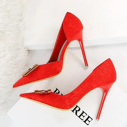 Square Buckle Woman Pumps Pointed Stiletto Sexy Party Shoes 6168-2-Red-10.5Cm / 34