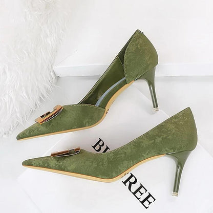 Metal Button Kitten Heels Women Pumps Fashion 6168-A2-Green-7Cm / 34