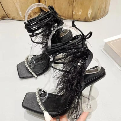 Womens Fuzzy Feather Transparent High Heel Sandals for Summer Fashion