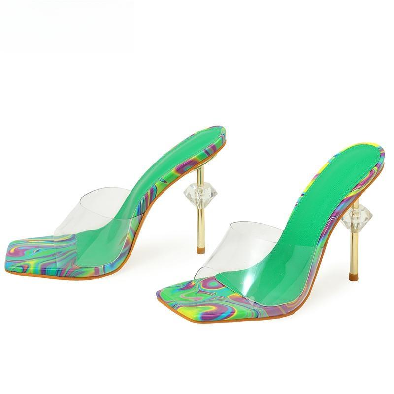 Crystal Diamond Slipper For Women Summer Fashion With Thin Heels Green / 36