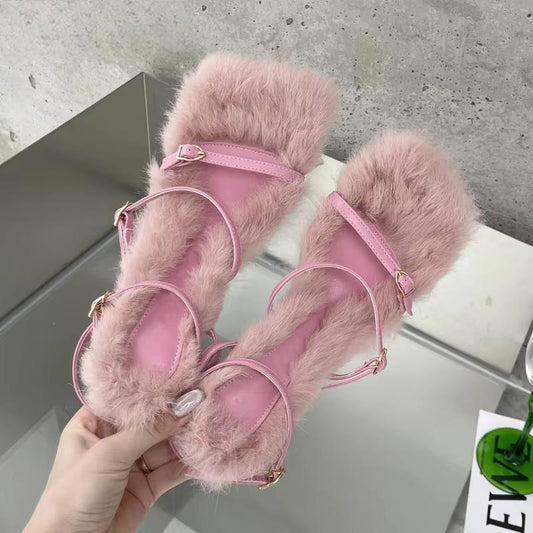 Plush Fur Fuzzy Sandals With Thin Heels For Women Pink / 40
