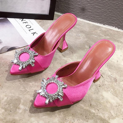 Red Silk Satin Pointed Toe Pumps With Rhinestone Crystal Wedding Slip On Strange Style Heel / 35