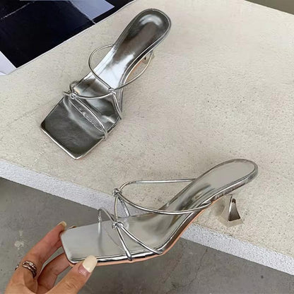 Summer Gold Slipper Low Heel Slides Peep Toe Sandal With Square Silver / 36