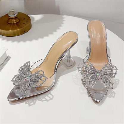 Crystal Bowknot Women Slippers With Sexy Pointed Toe And Strange Heels Silver / 41