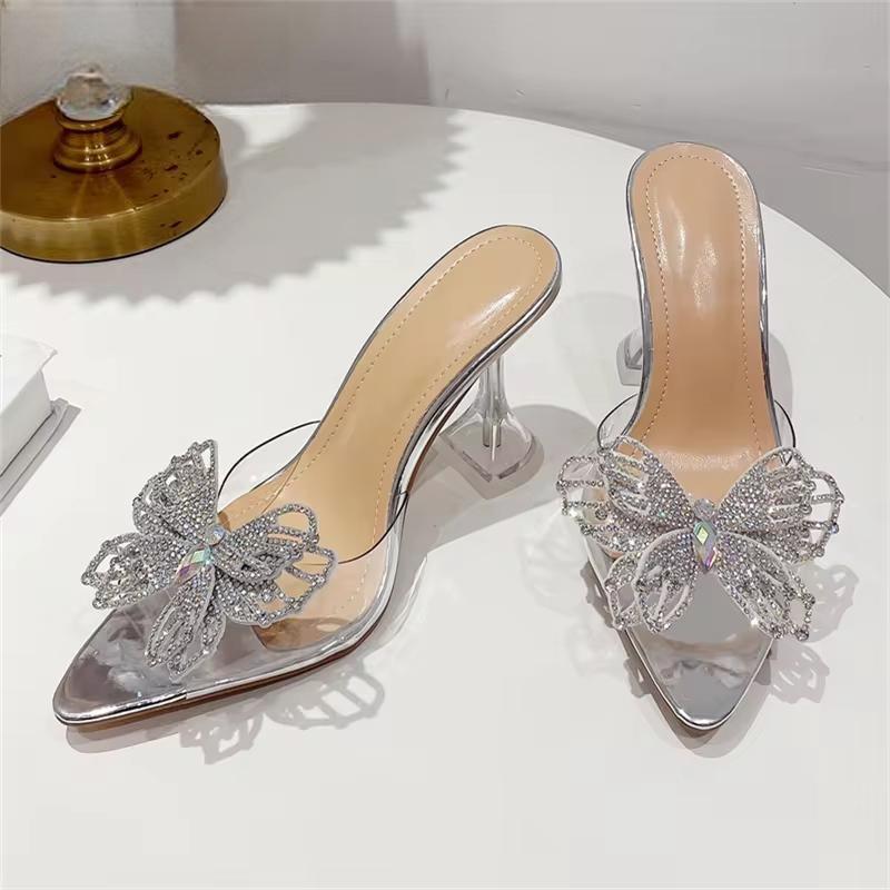 Crystal Bowknot Women Slippers With Sexy Pointed Toe And Strange Heels Silver / 41