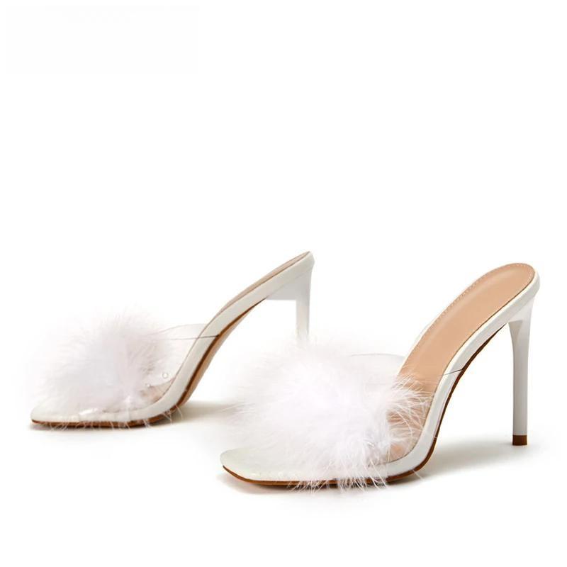 Feather Thin Heels Fur Pvc Slippers Sandals For Women White / 42