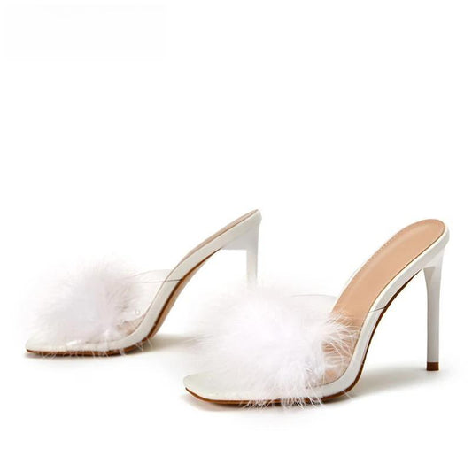 Feather Thin Heels Fur Pvc Slippers Sandals For Women White / 42