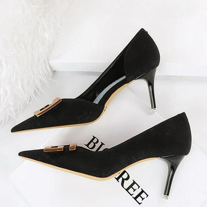 Metal Button Kitten Heels Women Pumps Fashion 6168-A2-Black-7Cm / 34