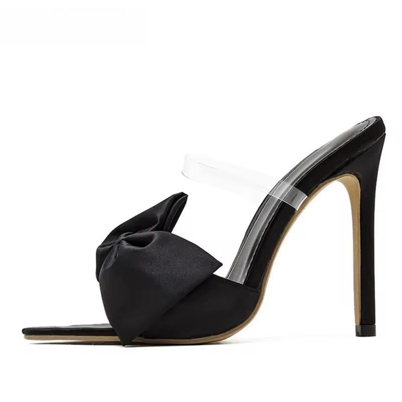 Silk Butterfly-Knot Slippers Mule High Heels Sandals For Women Black / 40