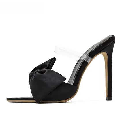 Silk Butterfly-Knot Slippers Mule High Heels Sandals For Women Black / 40