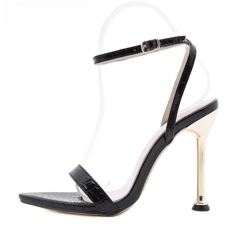 Green High Heels Sandals With Narrow Band Ankle Buckle Strap For Women Black / 39
