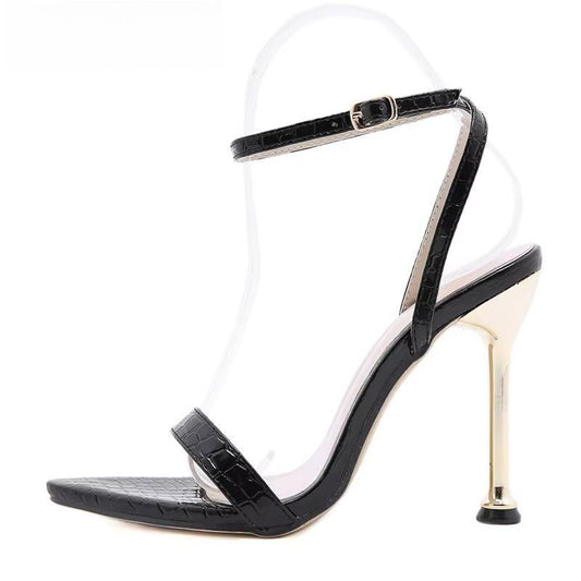 Green High Heels Sandals With Narrow Band Ankle Buckle Strap For Women Black / 39