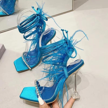 Womens Fuzzy Feather Transparent High Heel Sandals for Summer Fashion