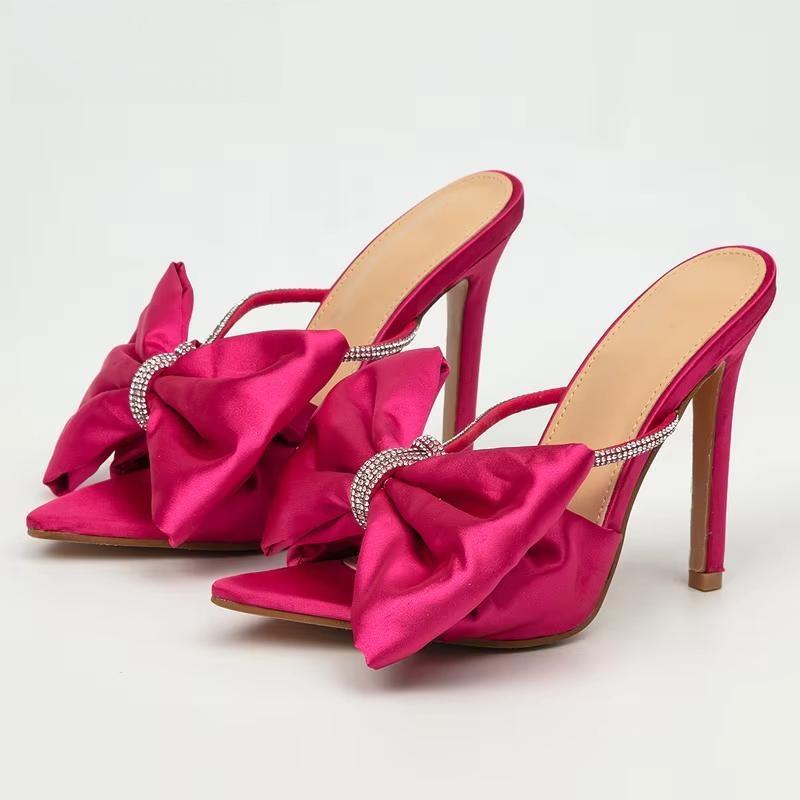 Silk Butterfly-Knot Mule High Heels Slippers Sandals Mei Red / 39
