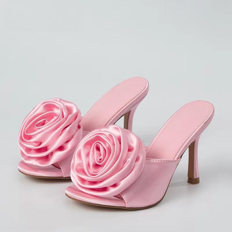 Silk Flower Peep Toe High Heel Slipper Mule Slides For Women Pink / 39
