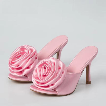 Silk Flower Peep Toe High Heel Slipper Mule Slides For Women Pink / 39