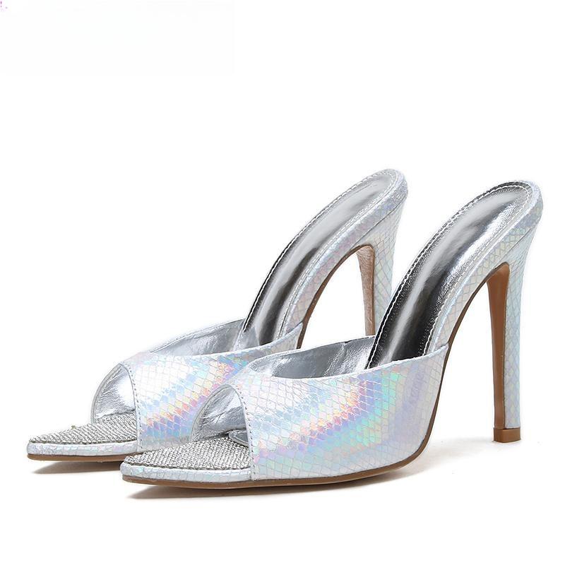 Sleek Serpentine Pointed Toe Mule With Thin Heels For Women Silver / 42
