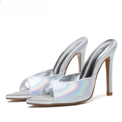 Sleek Serpentine Pointed Toe Mule With Thin Heels For Women Silver / 42