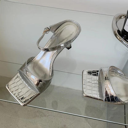 Gold Silver Women Slipper With Square Toe Low Heels Sandal / 35