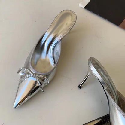 Spring Pointed Toe Women Slipper With Butterfly-Knot Detail And Shallow Slip On Style Silver / 38