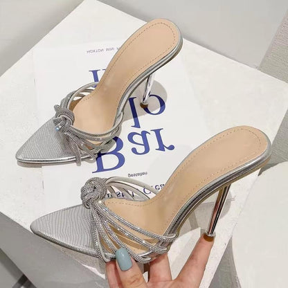 Crystal High Heel Slipper For Women Summer Fashion With Narrow Band And Pointed Toe Silver / 37