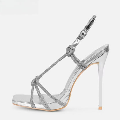 Bling Rhinestone Crystal Sexy Sandals For Women - Open Toe Buckle Strap Thin Heels Silver / 37