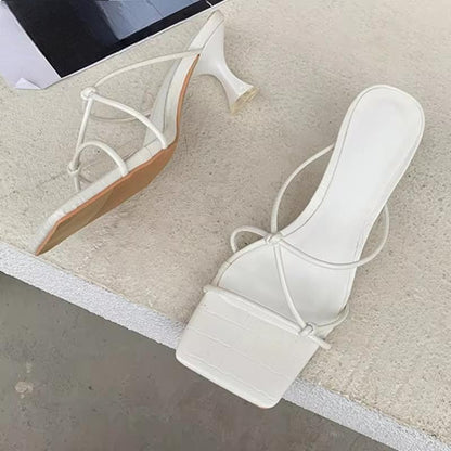 Summer Gold Slipper Low Heel Slides Peep Toe Sandal With Square White / 36