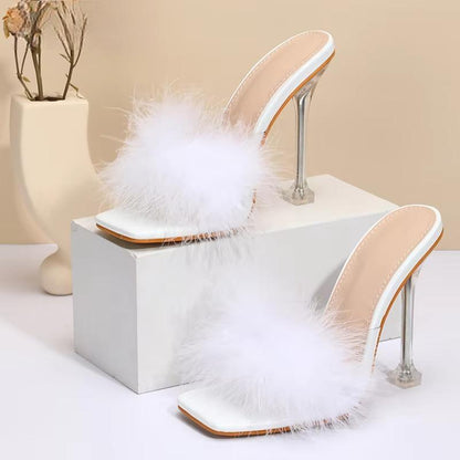 Feather Transparent High Heel Pvc Shoes Slippers For Women With Fur Pumps White / 38