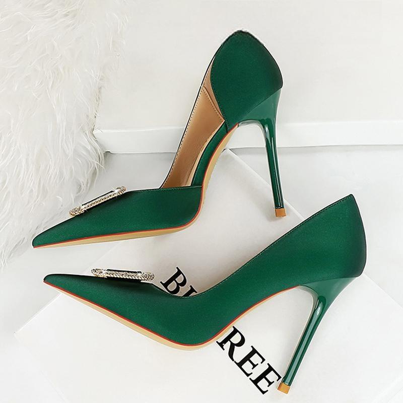 Rhinestone Women 10.5 Cm Heels Satins Sexy Pumps High Green / 34