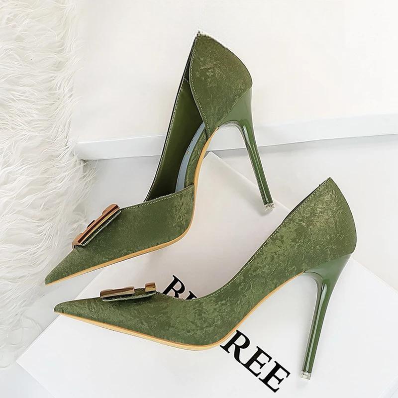 Square Buckle Woman Pumps Pointed Stiletto Sexy Party Shoes 6168-2-Green-10.5Cm / 34