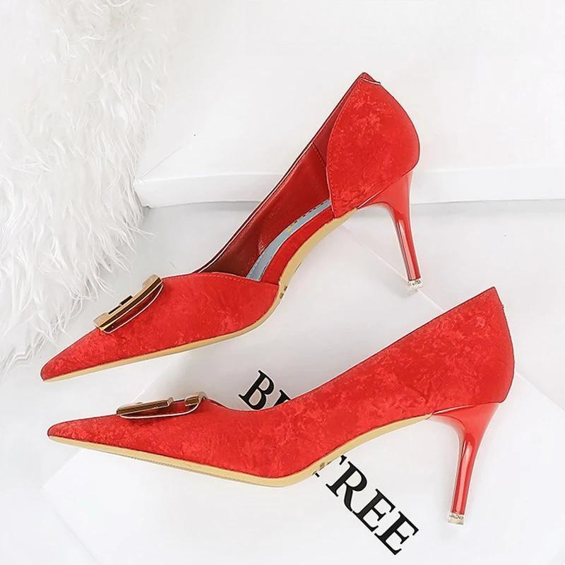 Metal Button Kitten Heels Women Pumps Fashion 6168-A2-Red-7Cm / 34