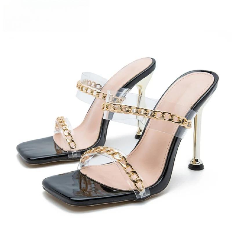 Clear Pvc High Heel Slippers With Chain Design Square Toe Summer Fashion Slide Black / 42
