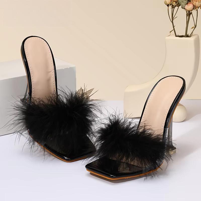 Feather Transparent High Heel Pvc Shoes Slippers For Women With Fur Pumps Black / 38