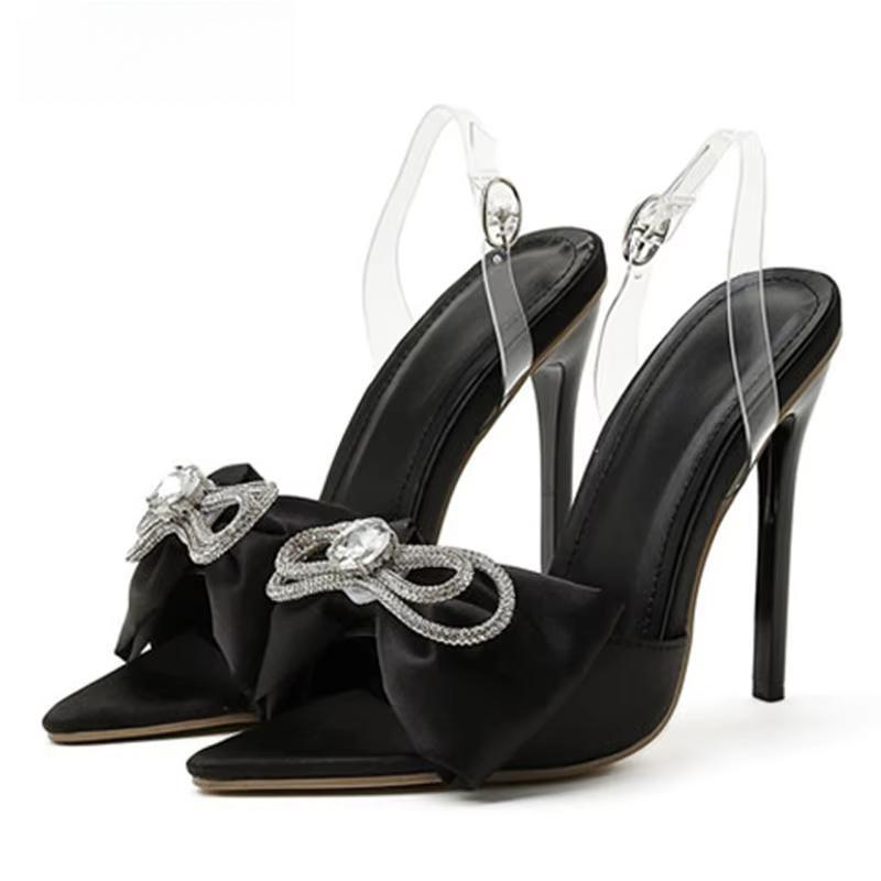 Silk Butterfly-Knot Rhinestone Women Mule High Heels Slippers Sandals Black / 36