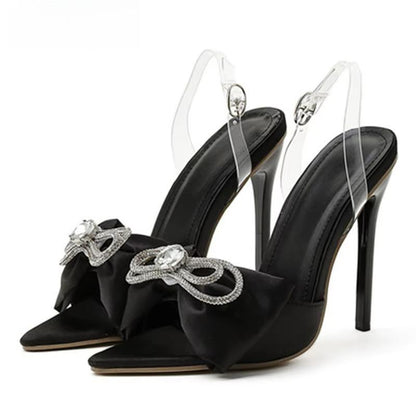 Silk Butterfly-Knot Rhinestone Women Mule High Heels Slippers Sandals Black / 36