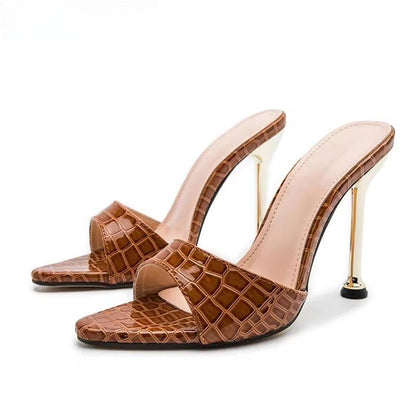 Snake Print Strappy Mule Thin High Heel Slippers Sandals For Women Brown / 42