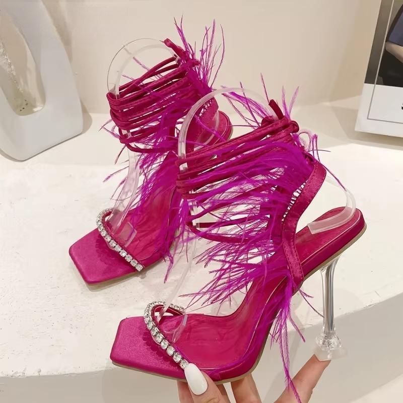 Womens Fuzzy Feather Transparent High Heel Sandals for Summer Fashion