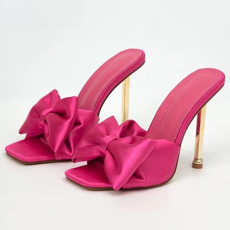 Silk Butterfly-knot High Heels Women Slippers with Square Toe Mule Style