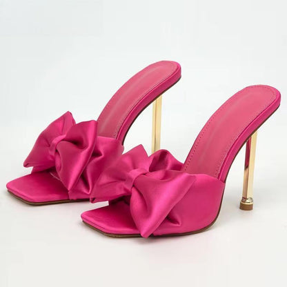 Silk Butterfly-knot High Heels Women Slippers with Square Toe Mule Style