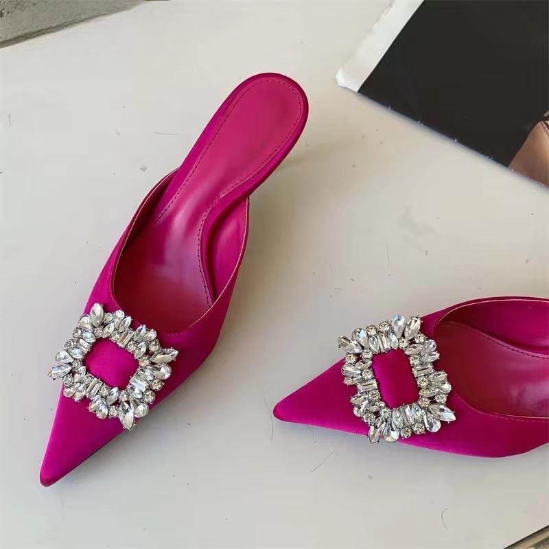 Autumn Metal Crystal Silk Slippers Women Pointed Toe Stripper High Heels Rose Red / 35