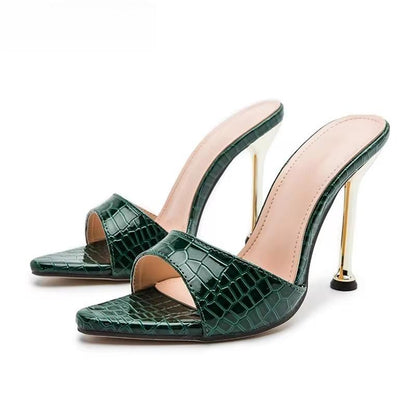 Snake Print Strappy Mule Thin High Heel Slippers Sandals For Women Green / 42