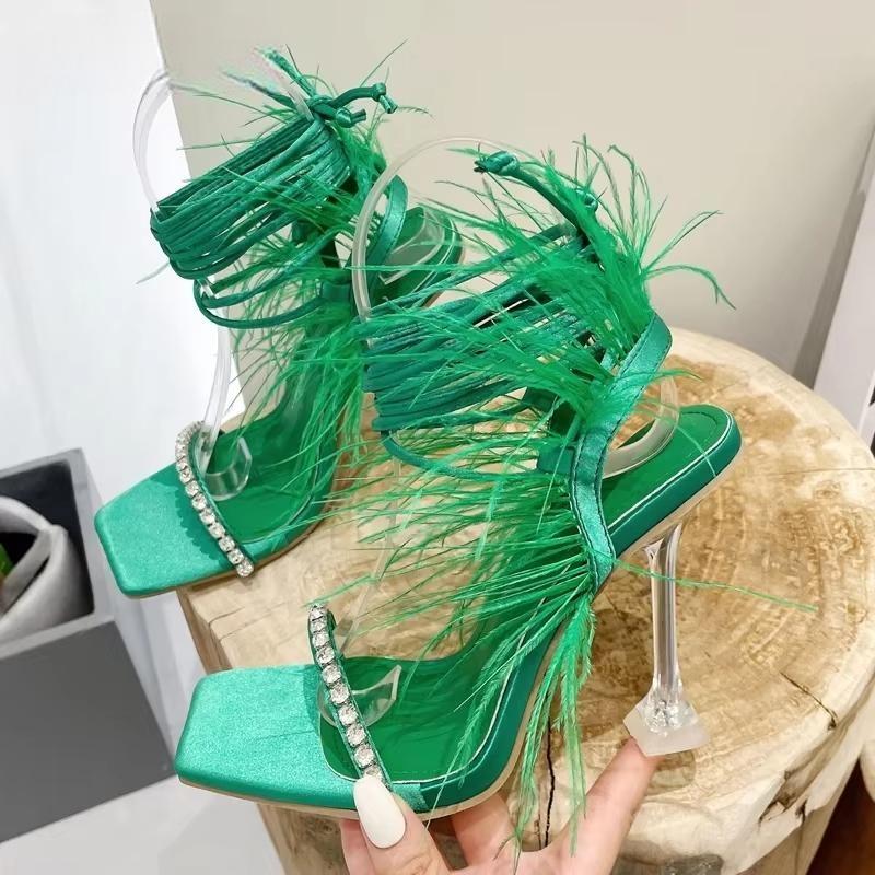 Womens Fuzzy Feather Transparent High Heel Sandals for Summer Fashion
