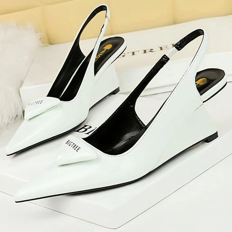 Patent Leather Hollow Back Strap Wedges Heels Women Pumps White / 35