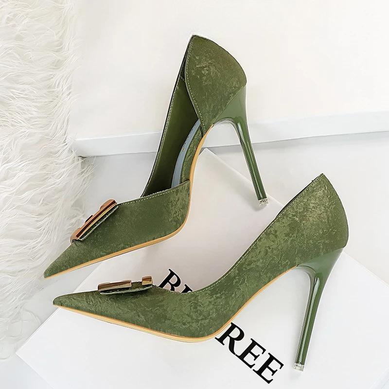 Metal Button Kitten Heels Women Pumps Fashion 6168-2-Green-10Cm / 34