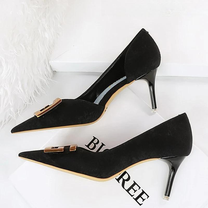 Square Buckle Woman Pumps Pointed Stiletto Sexy Party Shoes 6168-A2-Black-7Cm / 34