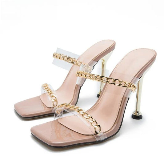 Clear Pvc High Heel Slippers With Chain Design Square Toe Summer Fashion Slide Apricot / 40