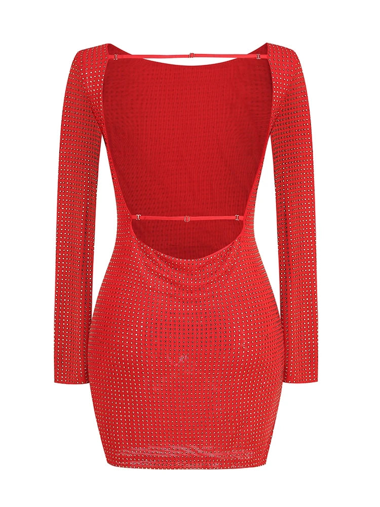 Althea Long Sleeve Mini Dress with Cowl Back Mesh and Rhinestones BioBeautify Althea Long Sleeve Mini Dress with Cowl Back Mesh and Rhinestones BioBeautify