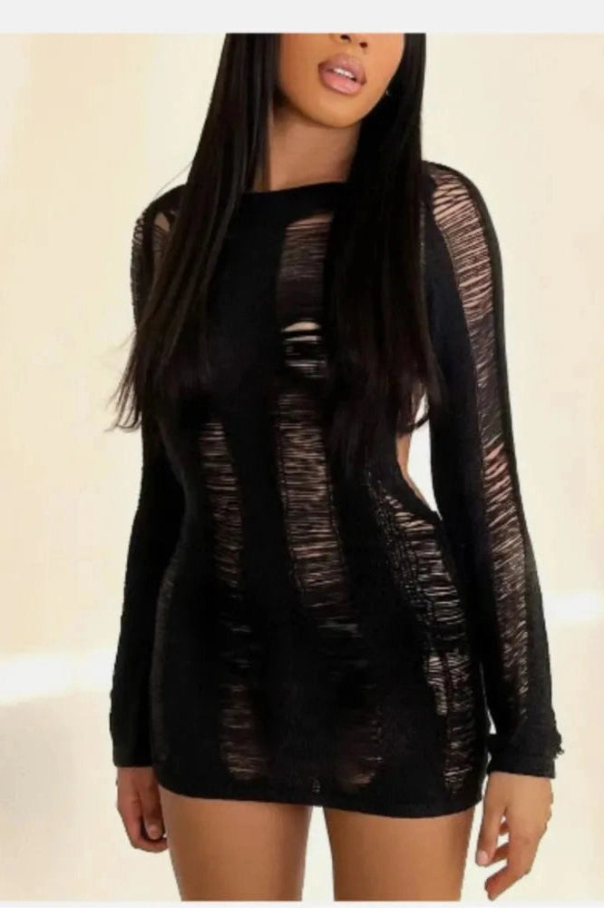 Backless Long Sleeve Round Neck Mini Dress