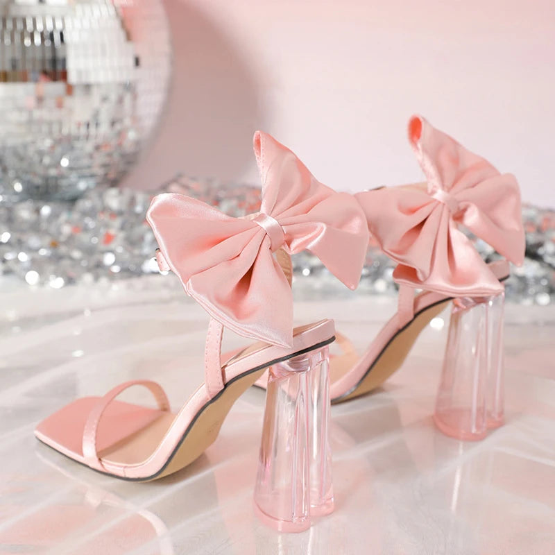 Pink Silk Bowknot Sandals With Square Toe And Buckle Strap For Summer